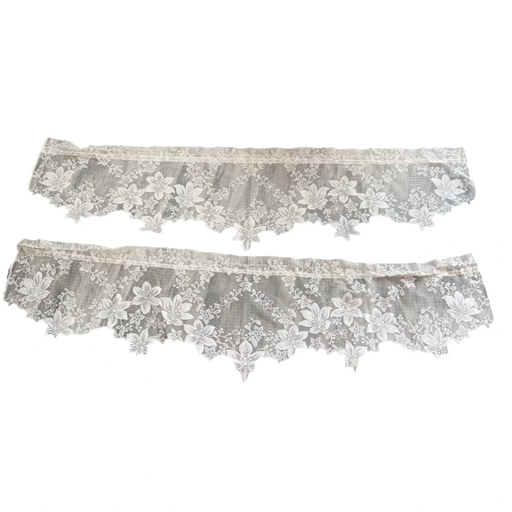 Set Of 2 Vintage Floral White Lace Sheer curtains Panel Valance Swag 57X16 In Ea